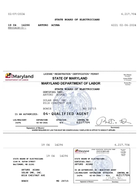 Maryland Electrical License # 14296